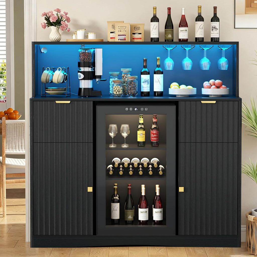 Gyfimoie Wine Bar Cabinet with Fridge Space Fluted Black 47in