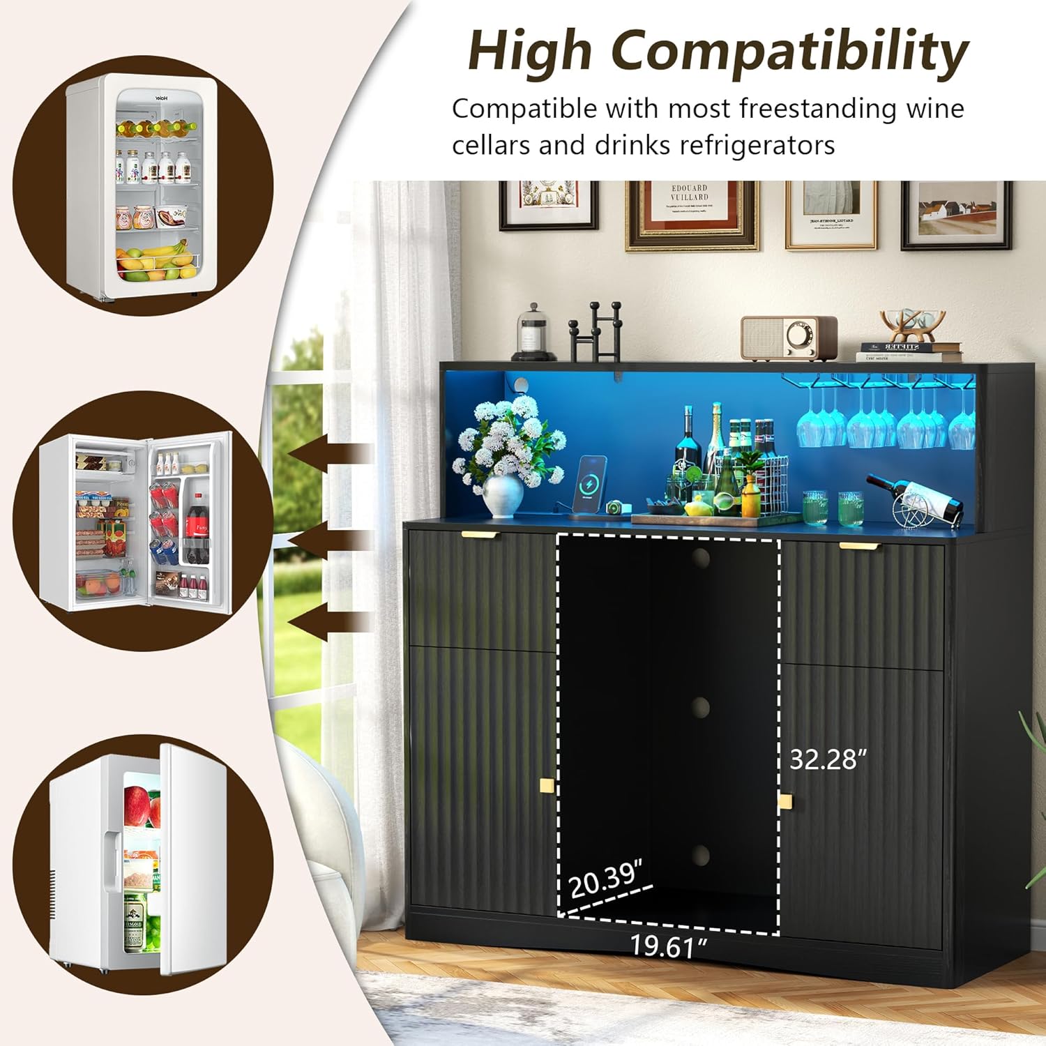 Gyfimoie Wine Bar Cabinet with Fridge Space Fluted Black 47in