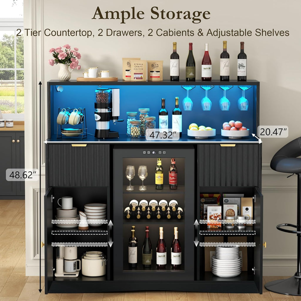 Gyfimoie Wine Bar Cabinet with Fridge Space Fluted Black 47in