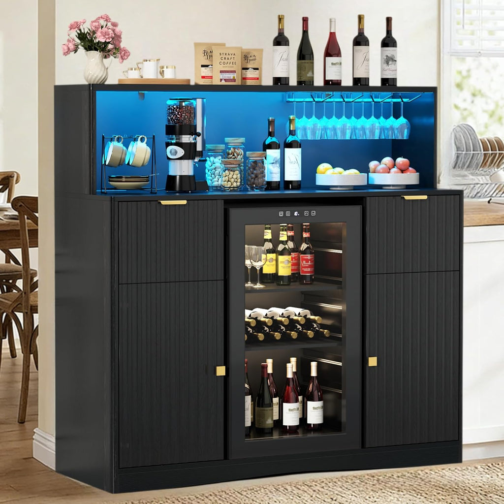 Gyfimoie Wine Bar Cabinet with Fridge Space Fluted Black 47in