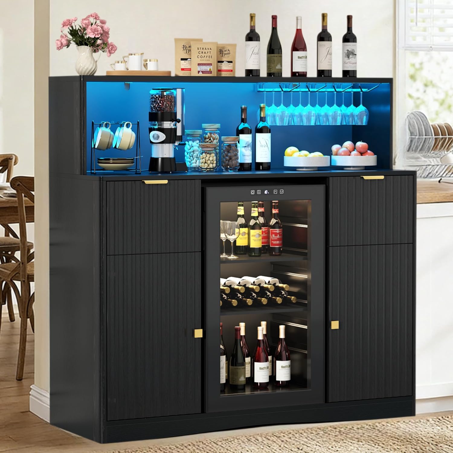 Gyfimoie Wine Bar Cabinet with Fridge Space Fluted Black 47in