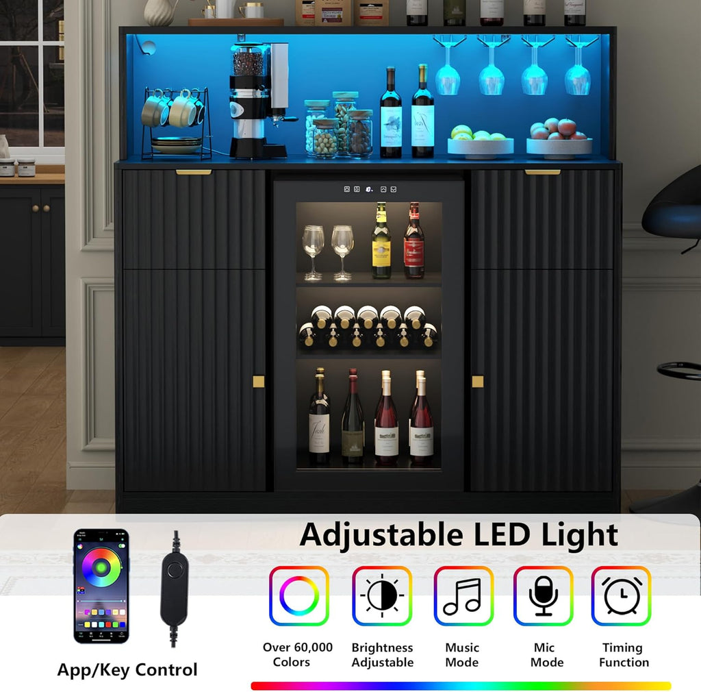 Gyfimoie Wine Bar Cabinet with Fridge Space Fluted Black 47in